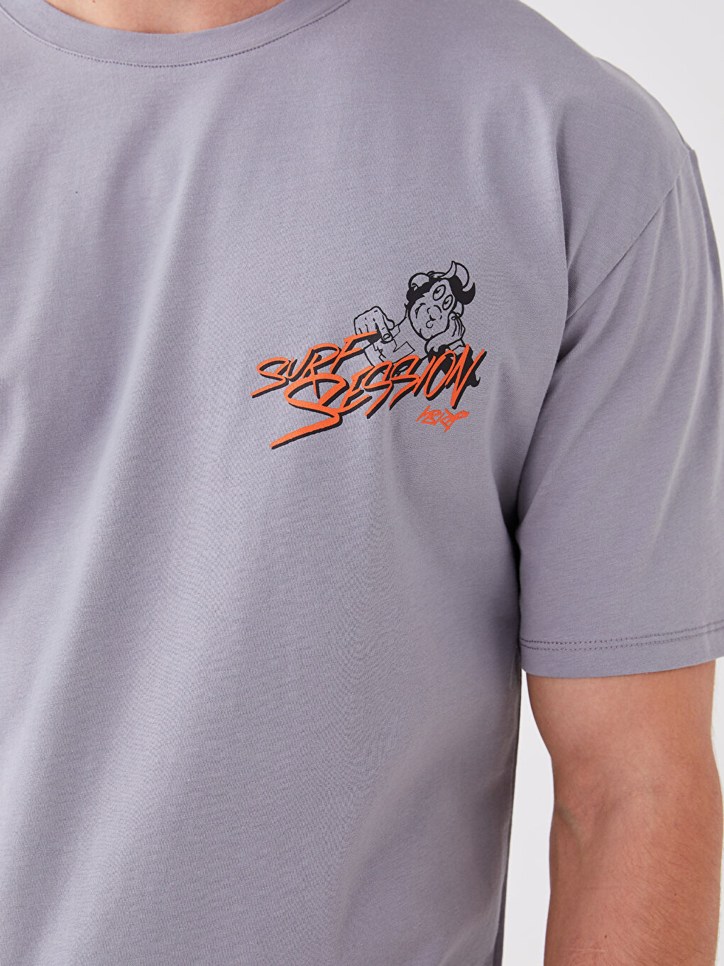 Gri Bisiklet Yaka Kısa Kollu Baskılı Penye Erkek Tişört-7