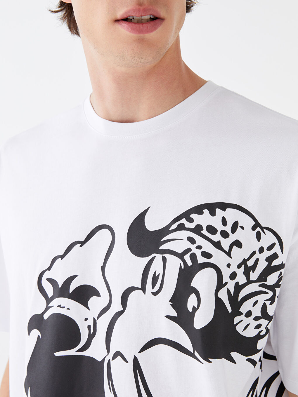 Beyaz Bisiklet Yaka Kısa Kollu Nostaljik Maymun Baskılı Penye Erkek Tişört-10