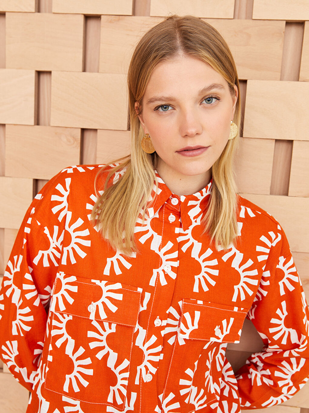 Turuncu Desenli Uzun Kollu Oversize Poplin Kadın Gömlek Tunik-2