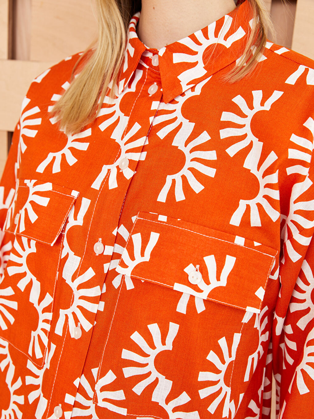 Turuncu Desenli Uzun Kollu Oversize Poplin Kadın Gömlek Tunik-4