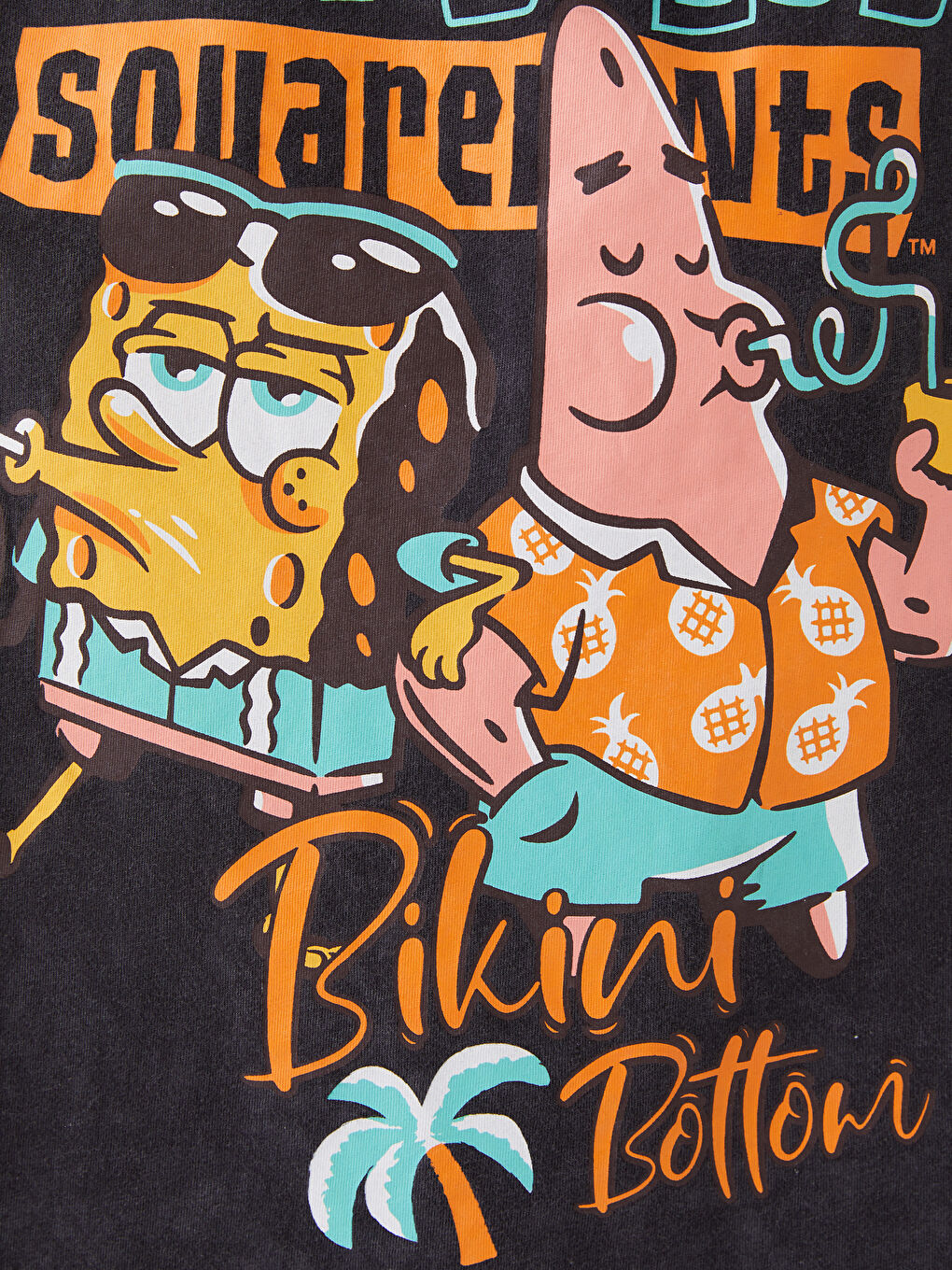 Antrasit Bisiklet Yaka Sünger Bob Baskılı Kısa Kollu Oversize Kadın Tişört-3