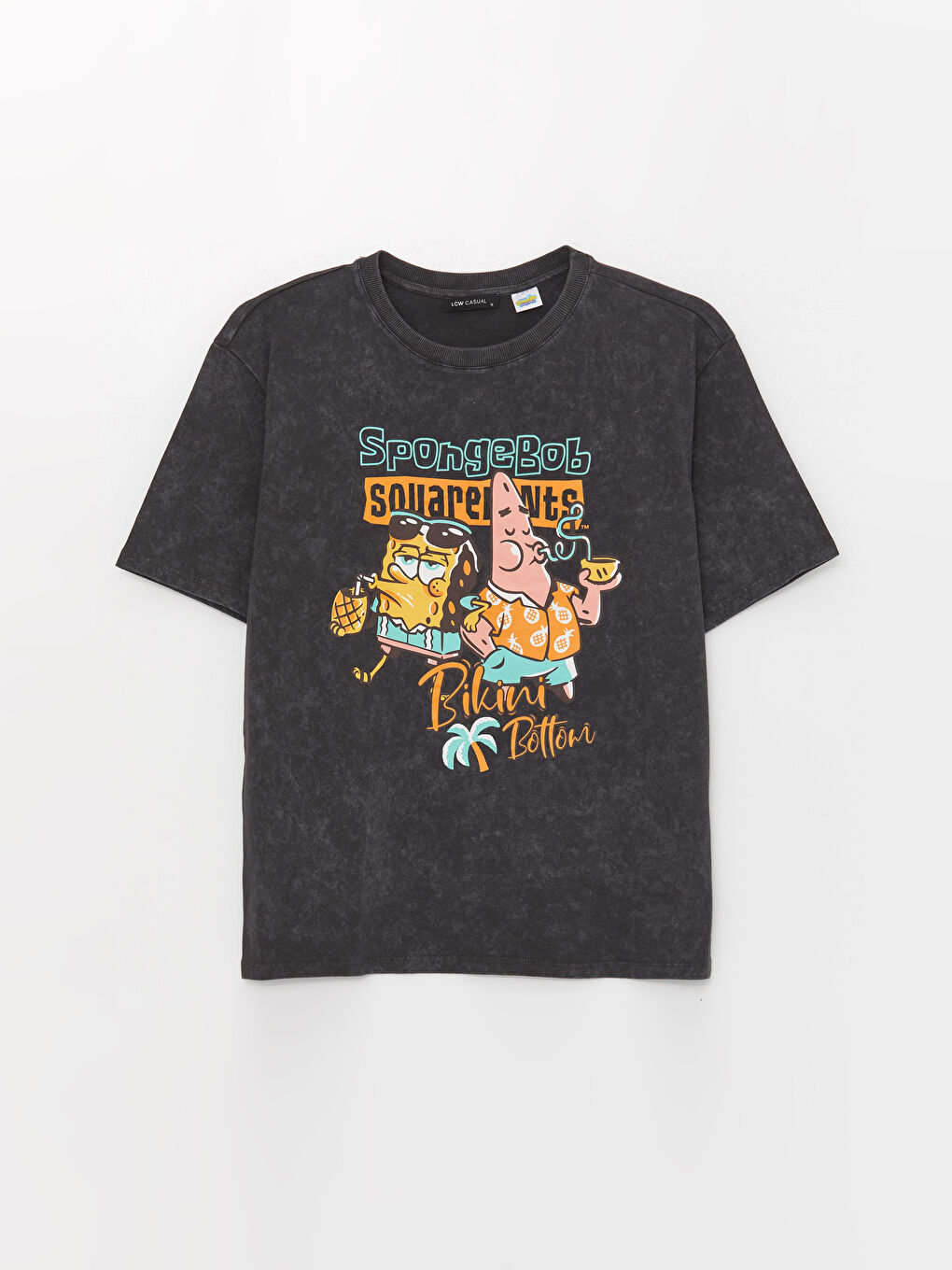 Antrasit Bisiklet Yaka Sünger Bob Baskılı Kısa Kollu Oversize Kadın Tişört-5