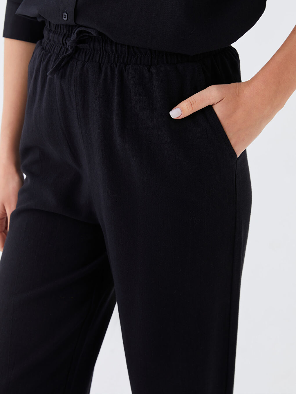 Pantalone od mešavine lana sa elastičnim strukom za žene-2