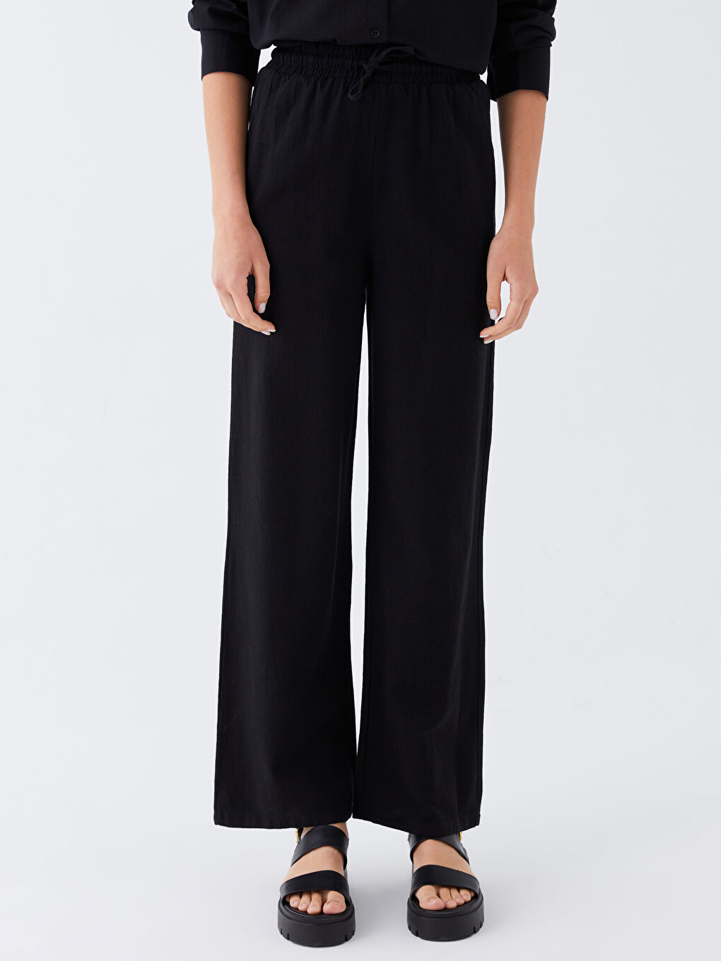 Pantalone od mešavine lana sa elastičnim strukom za žene-3