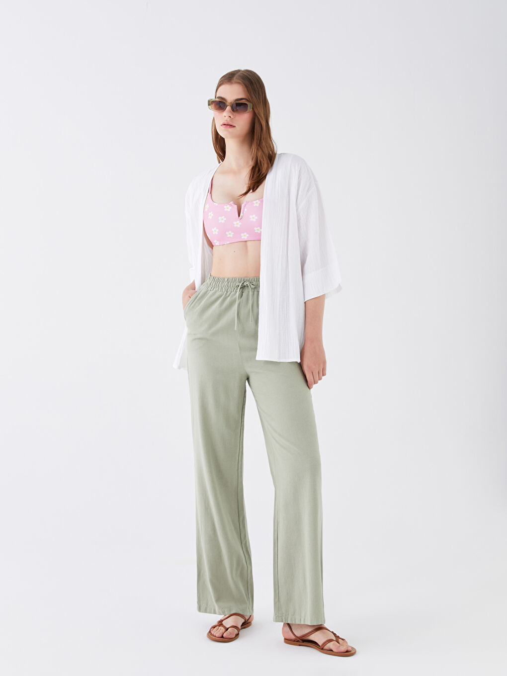 Haki Beli Lastikli Düz Keten Karışımlı Kadın Pantolon