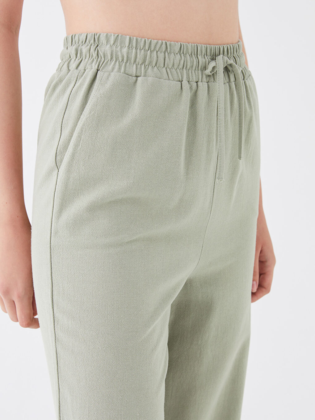 Haki Beli Lastikli Düz Keten Karışımlı Kadın Pantolon-1