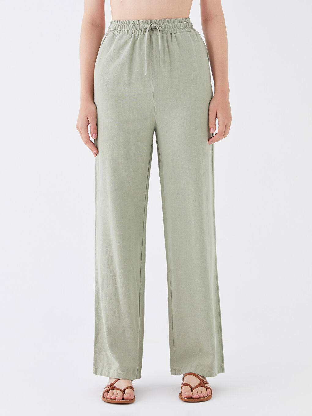 Haki Beli Lastikli Düz Keten Karışımlı Kadın Pantolon-2