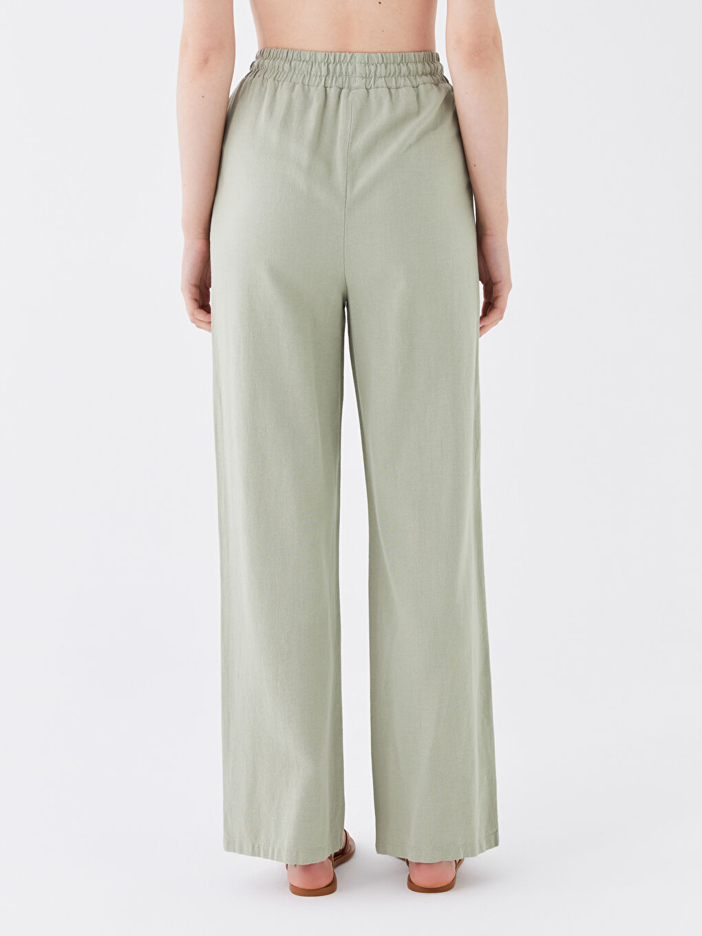 Haki Beli Lastikli Düz Keten Karışımlı Kadın Pantolon-3
