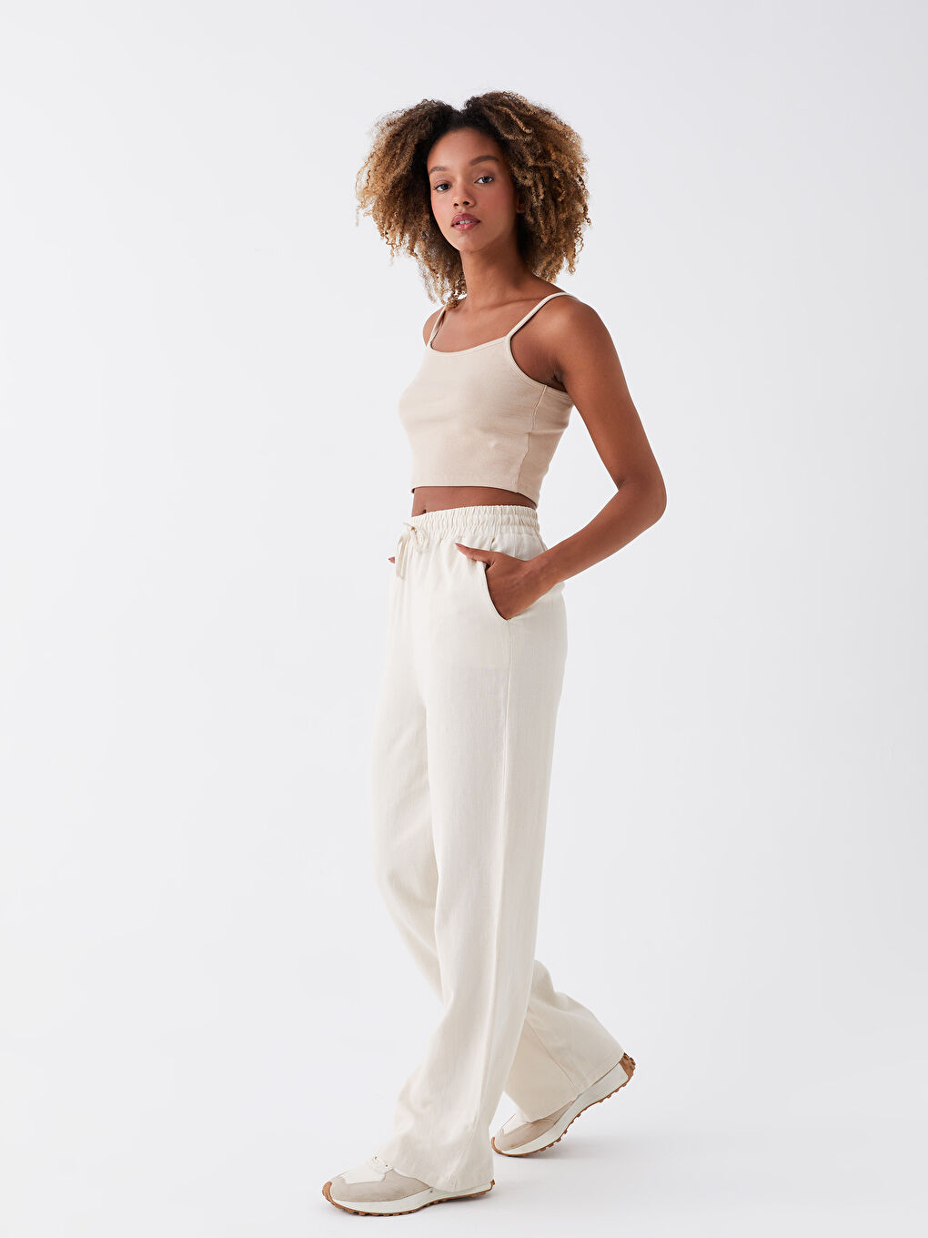 XSIDE Elasticated Waist Plain Linen Blend Women's Trousers -S3H557Z8-V7N