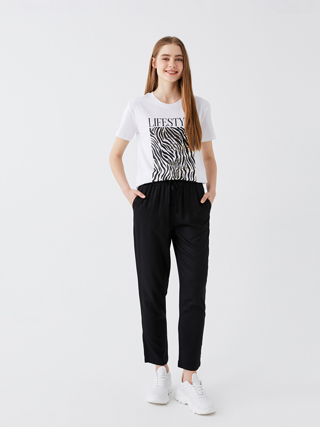 Pantaloni Simpli Croială Carrot Cu Talie Elastică Pentru Femei