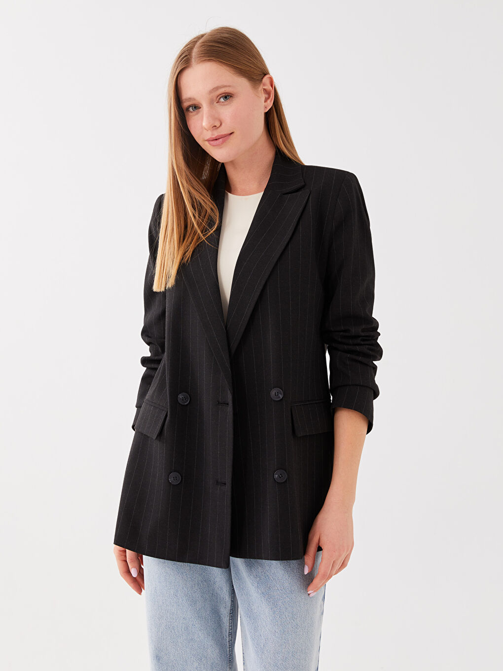 Siyah Çizgili Uzun Kollu Kadın Blazer Ceket