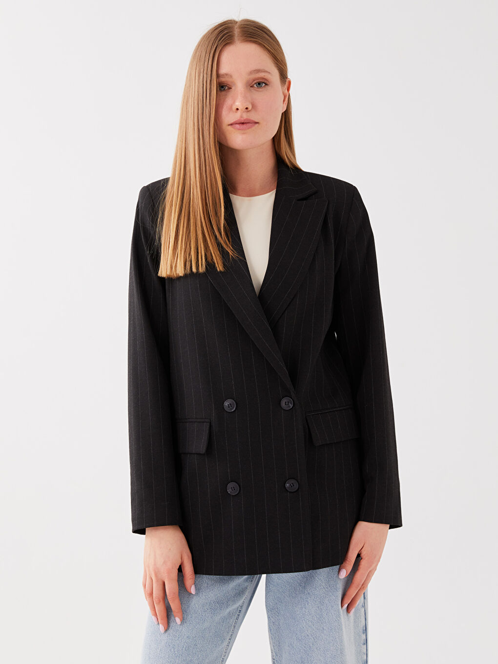 Siyah Çizgili Uzun Kollu Kadın Blazer Ceket-1