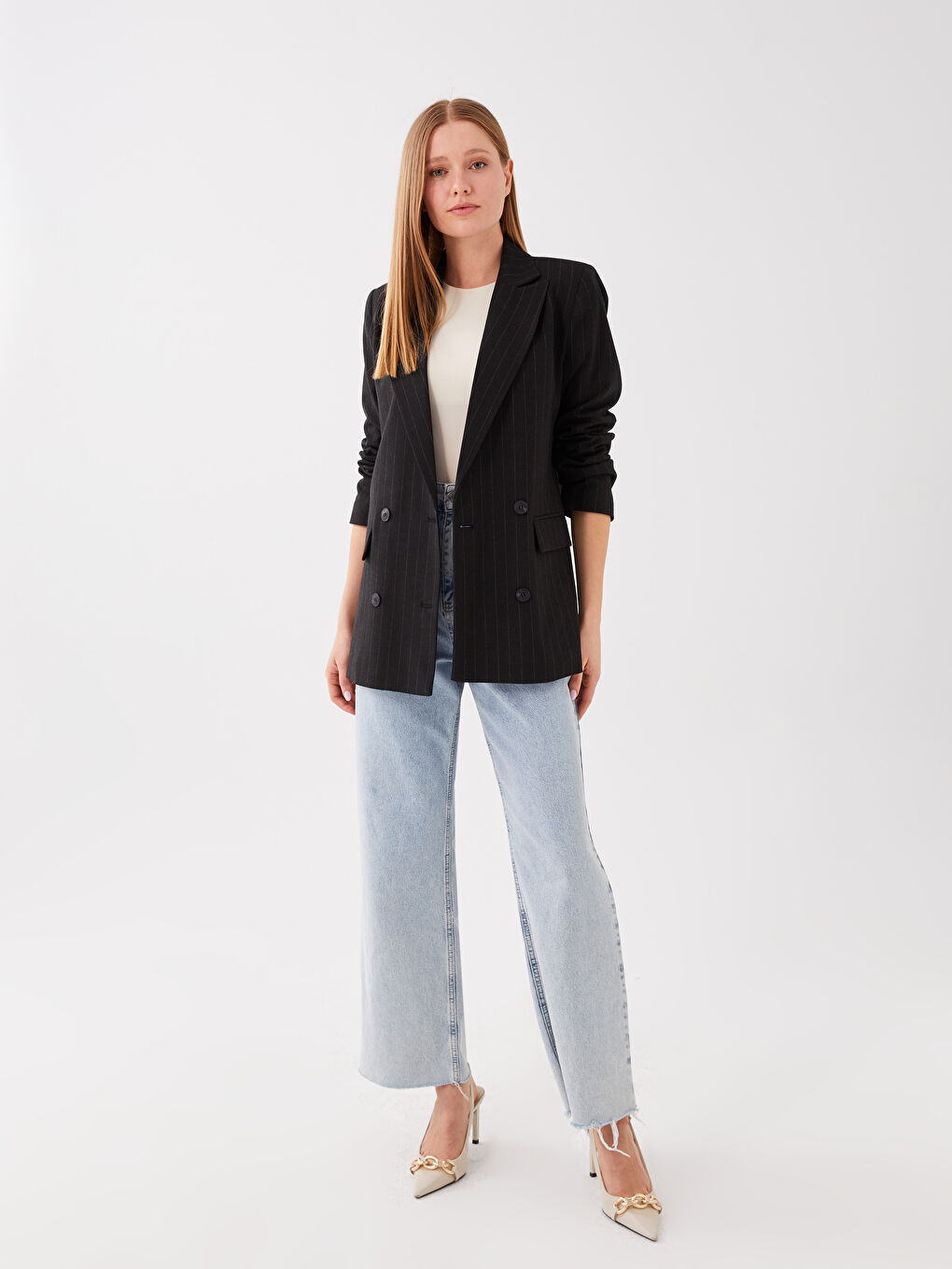 Siyah Çizgili Uzun Kollu Kadın Blazer Ceket-2