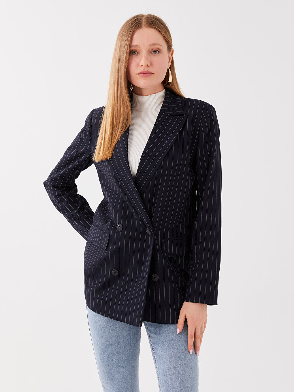 Lacivert Çizgili Uzun Kollu Kadın Blazer Ceket