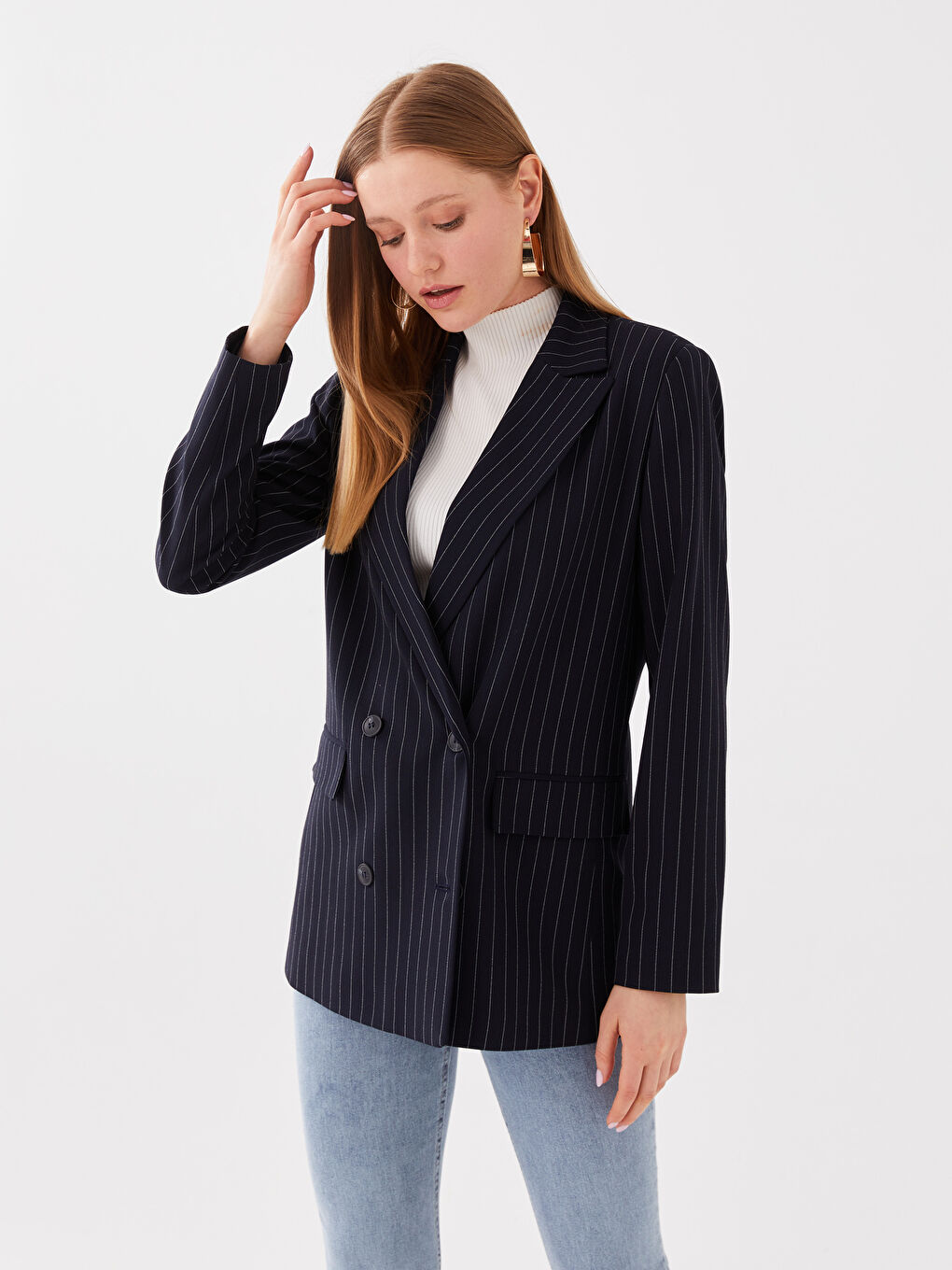 Lacivert Çizgili Uzun Kollu Kadın Blazer Ceket-1