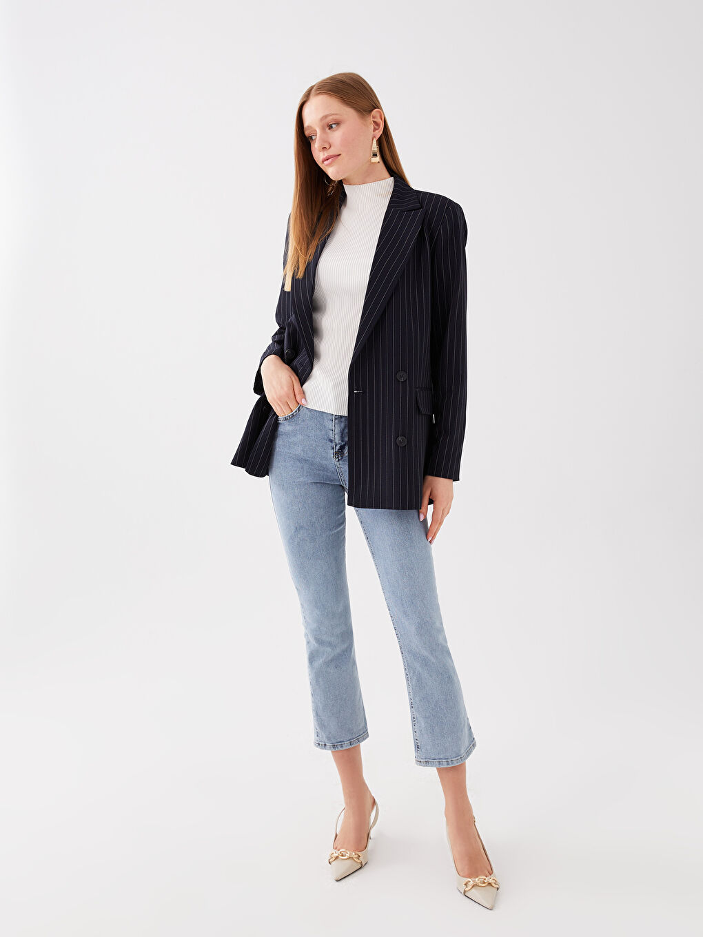 Lacivert Çizgili Uzun Kollu Kadın Blazer Ceket-2