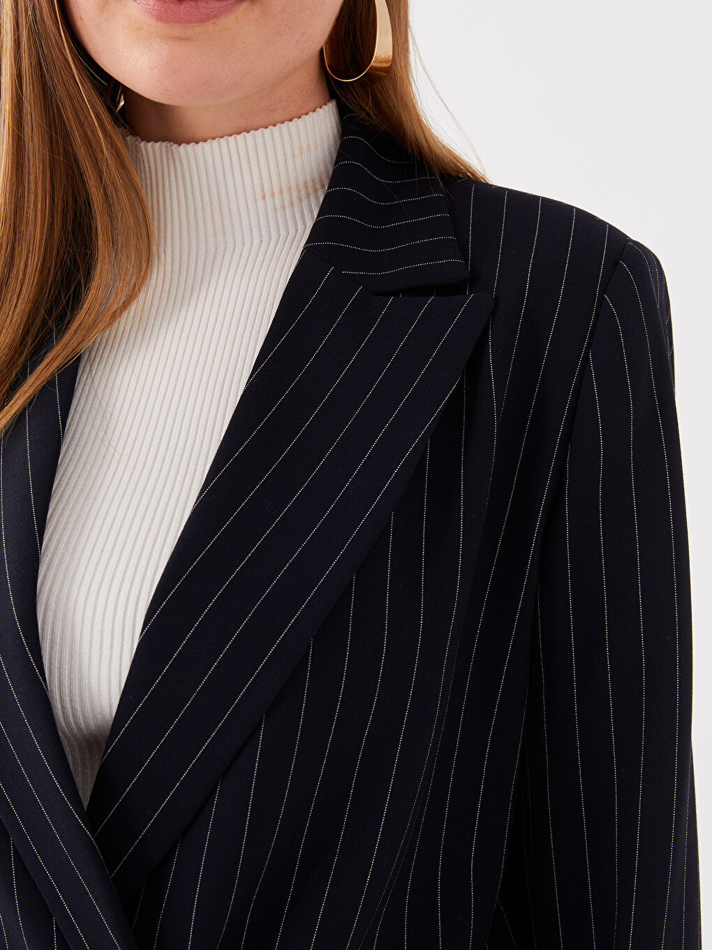 Lacivert Çizgili Uzun Kollu Kadın Blazer Ceket-3