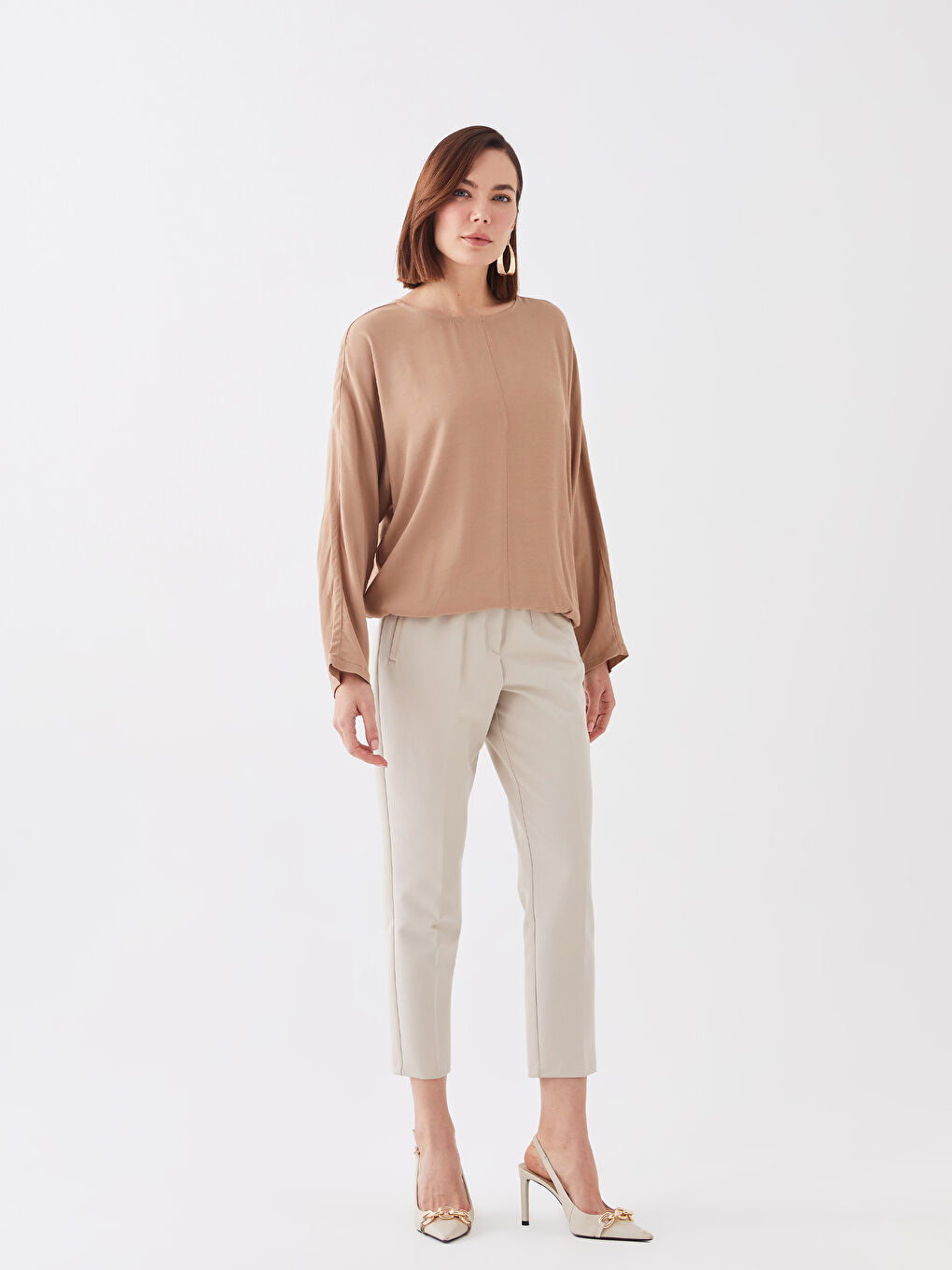 Bluză cu Guler Rotund Simplă cu Mânecă Lungă pentru Femei-1