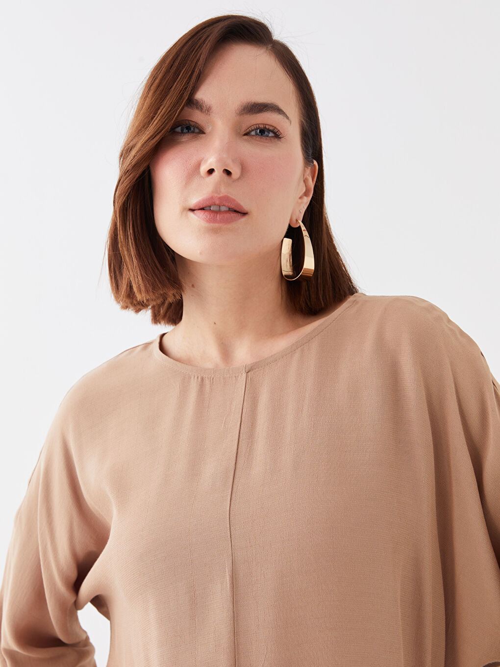 Bluză cu Guler Rotund Simplă cu Mânecă Lungă pentru Femei-2