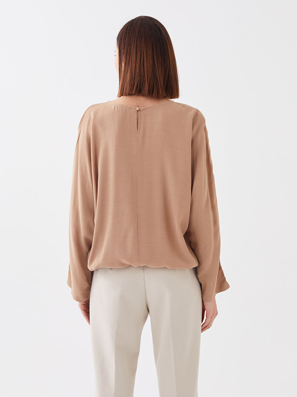 Bluză cu Guler Rotund Simplă cu Mânecă Lungă pentru Femei-4