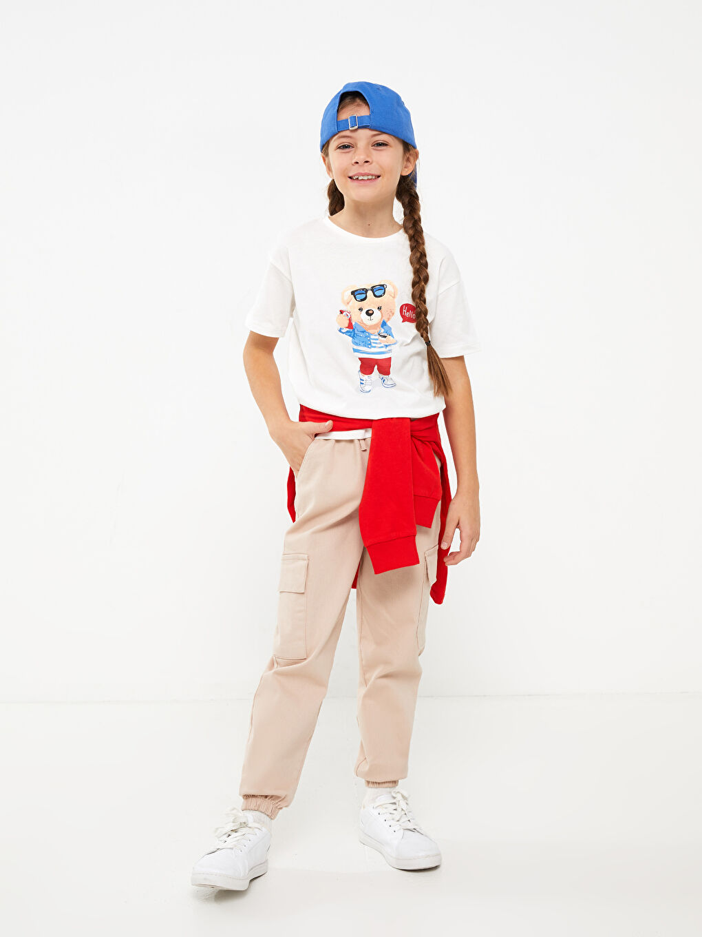 Bej Beli Lastikli Basic Kız Çocuk Kargo Pantolon-1