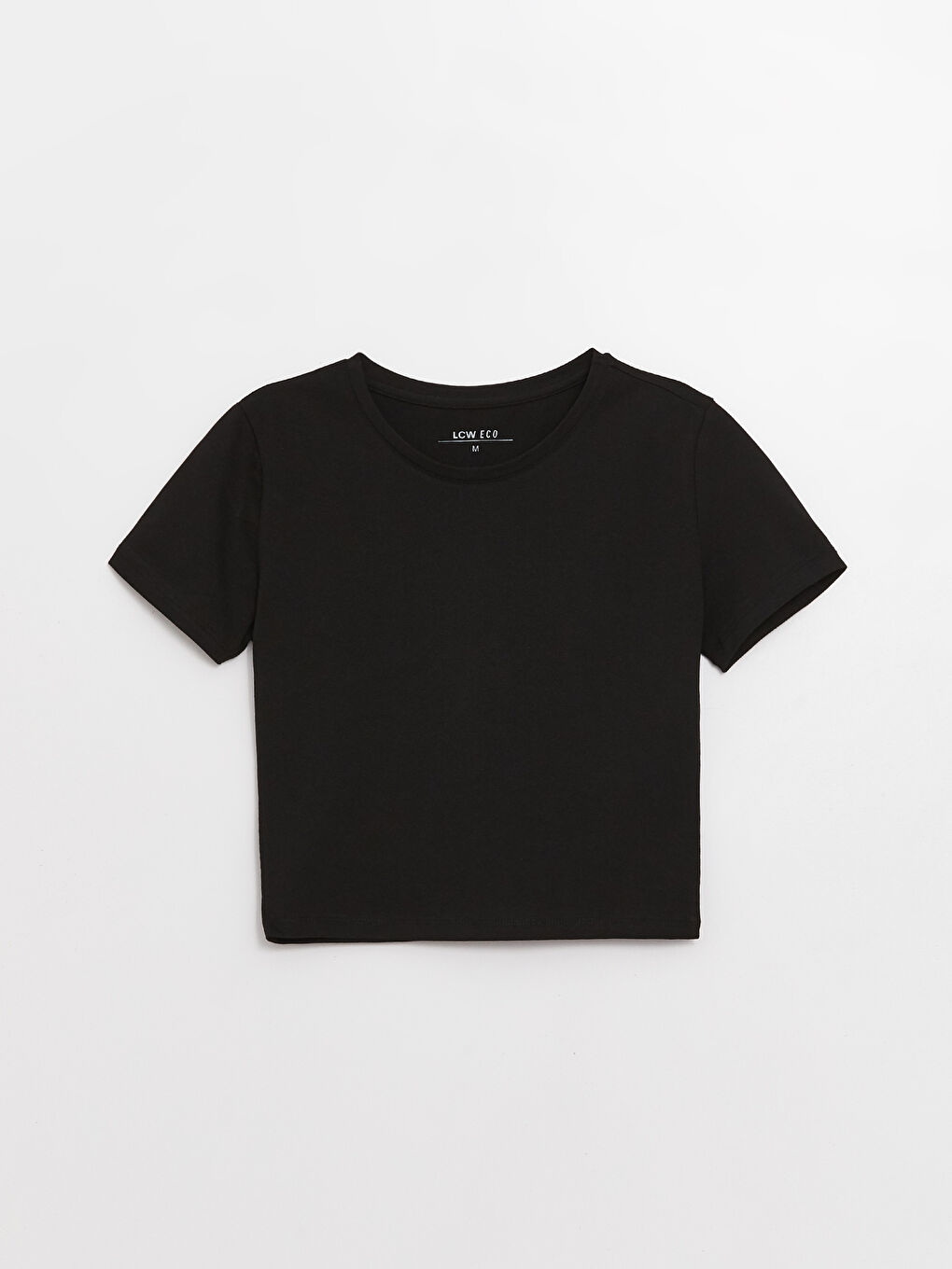 Siyah Bisiklet Yaka Düz Kısa Kollu Crop Kadın Tişört-5