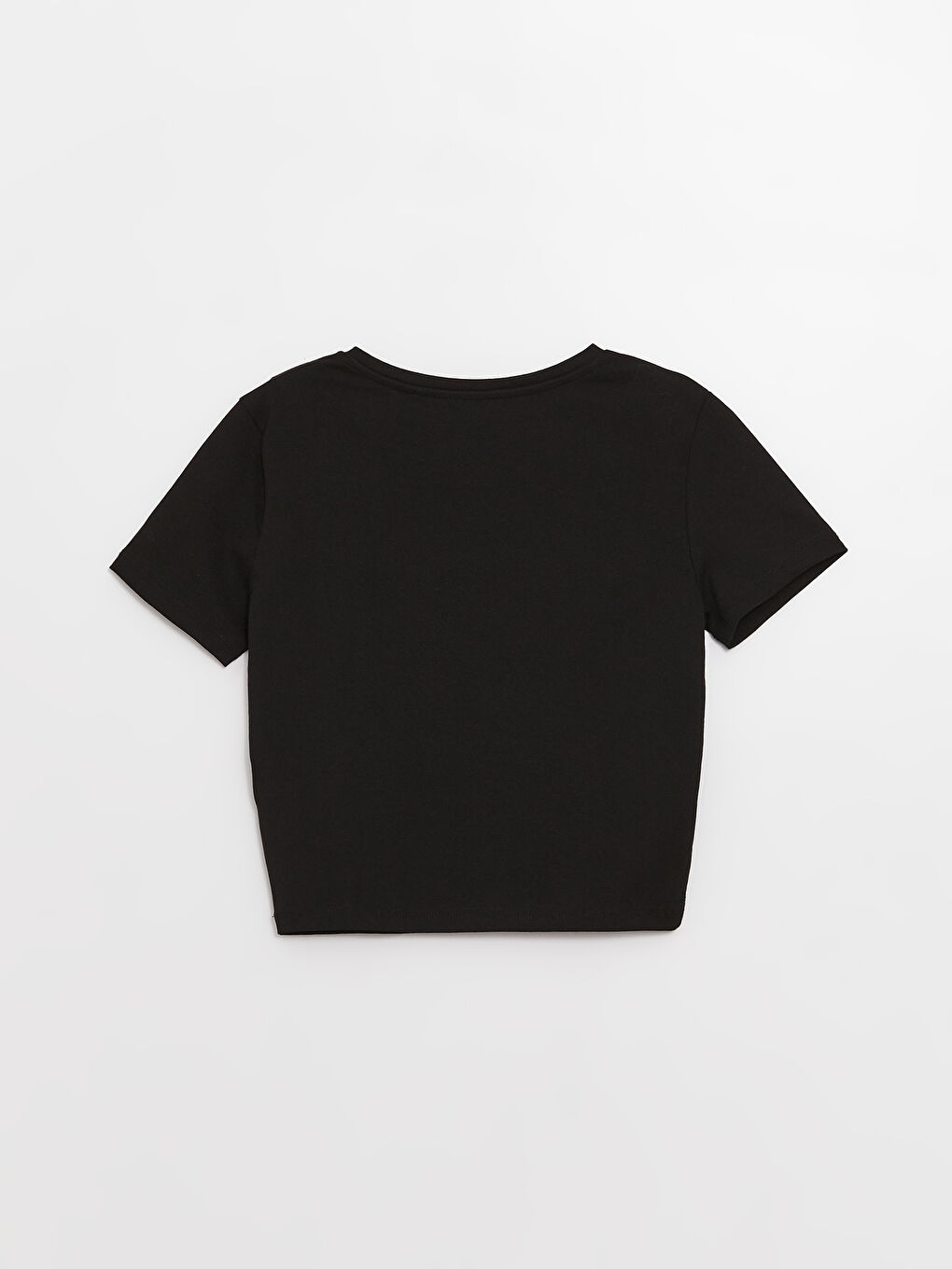 Siyah Bisiklet Yaka Düz Kısa Kollu Crop Kadın Tişört-6