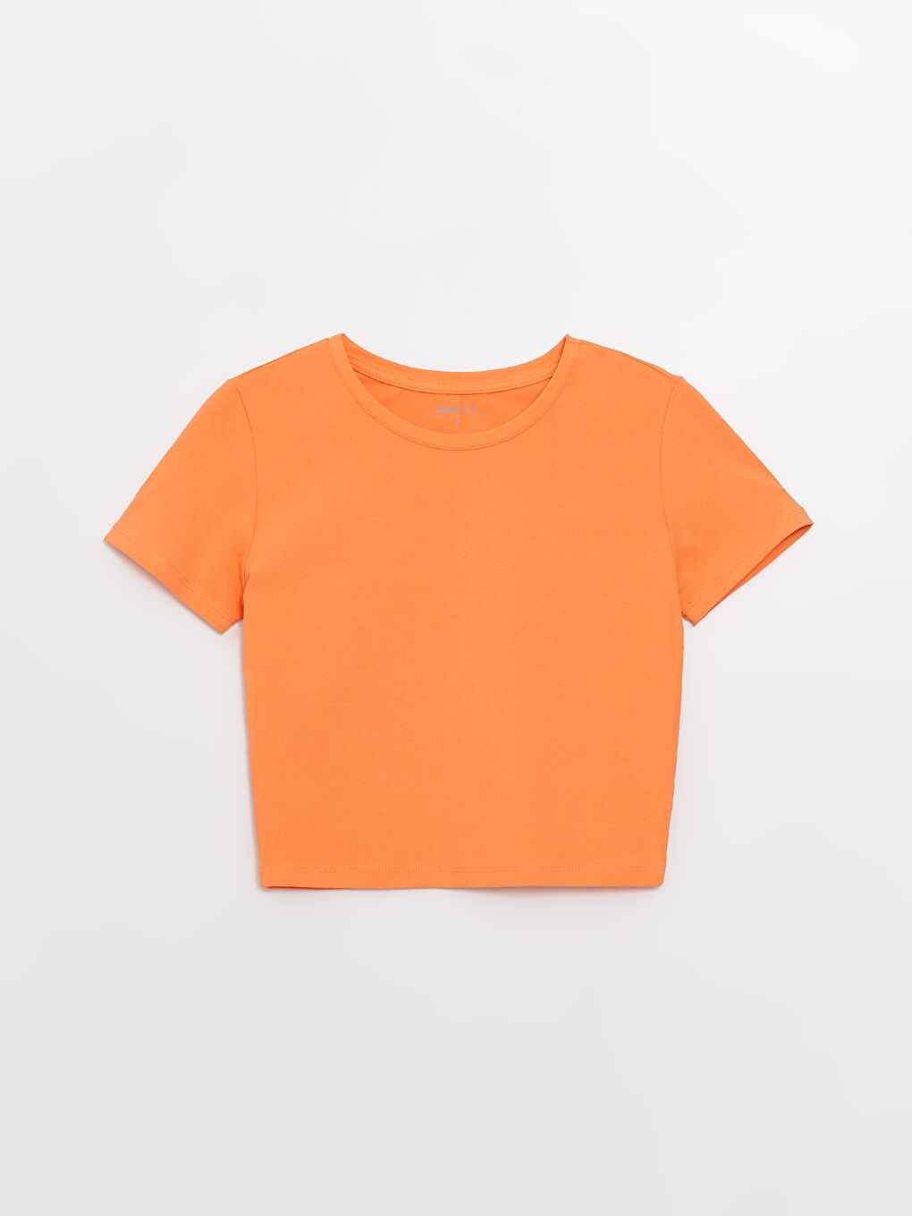 Turuncu Bisiklet Yaka Düz Kısa Kollu Crop Kadın Tişört-5