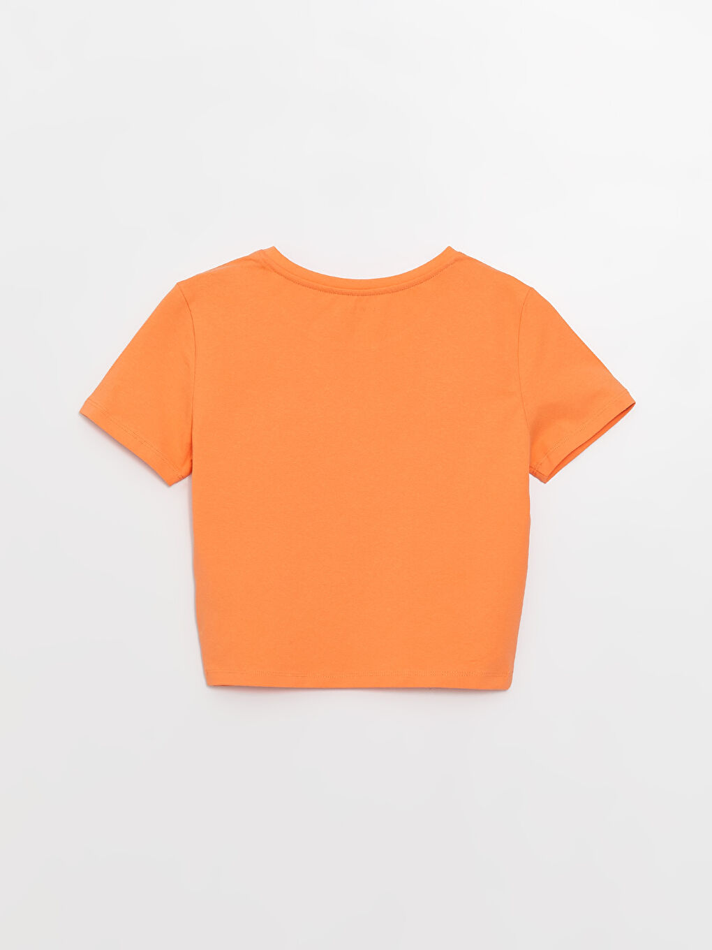 Turuncu Bisiklet Yaka Düz Kısa Kollu Crop Kadın Tişört-6