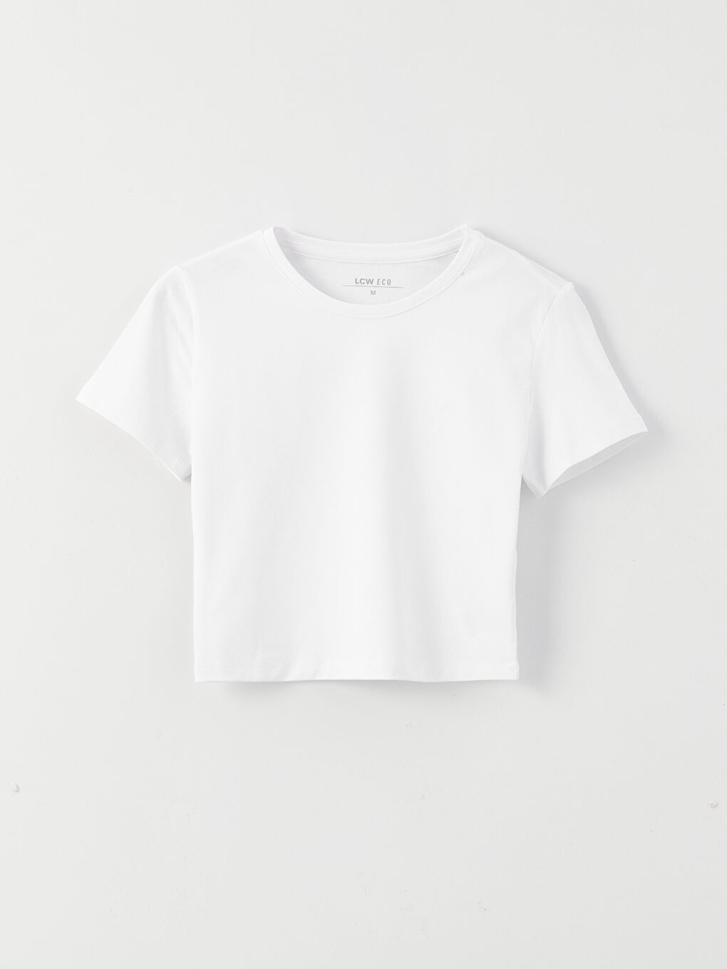 Beyaz Bisiklet Yaka Düz Kısa Kollu Crop Kadın Tişört-5