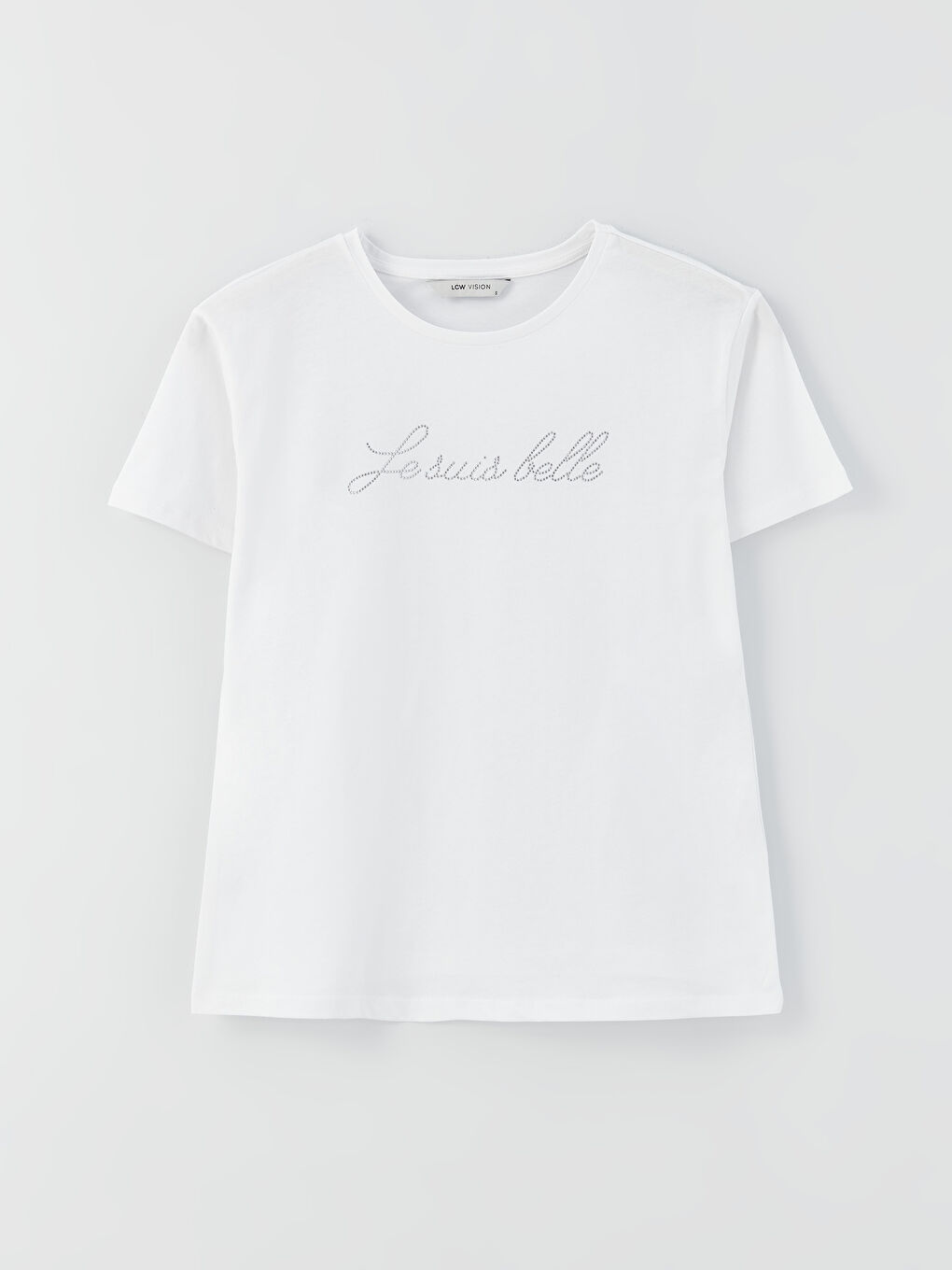 Beyaz Bisiklet Yaka Taşlı Kısa Kollu Kadın Tişört-5