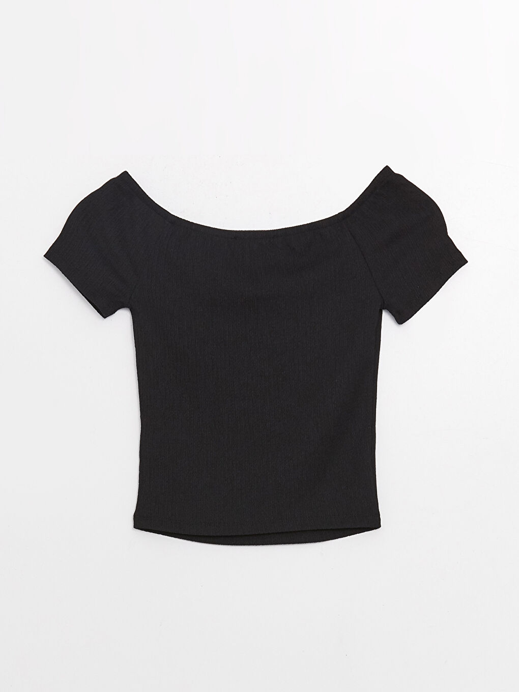 Siyah Kayık Yaka Düz Kısa Kollu Kadın Tişört-7