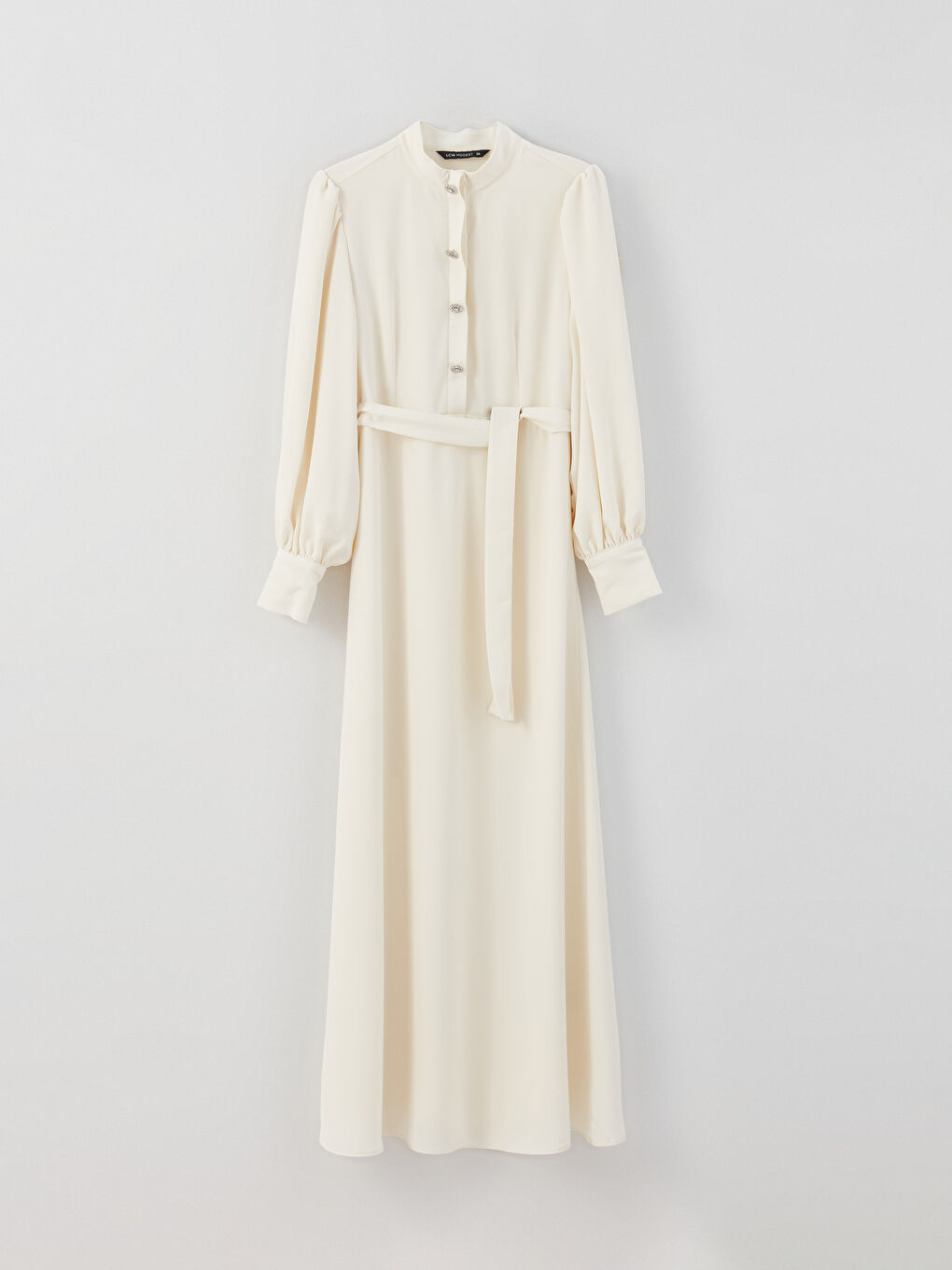 Ekru Dik Yaka Düz Uzun Kollu Kadın Elbise-5