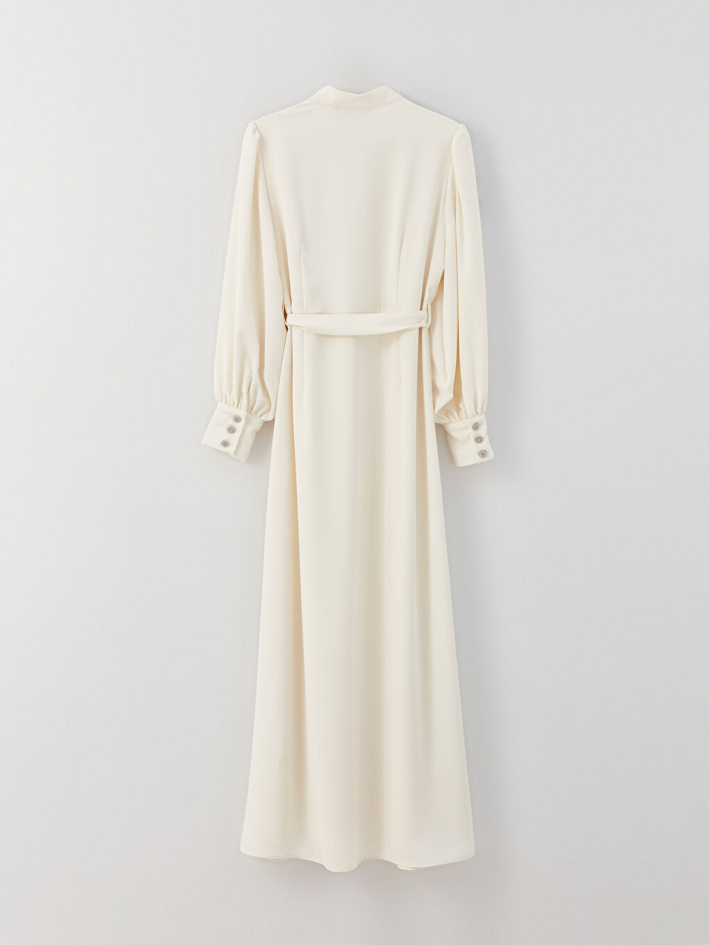 Ekru Dik Yaka Düz Uzun Kollu Kadın Elbise-6