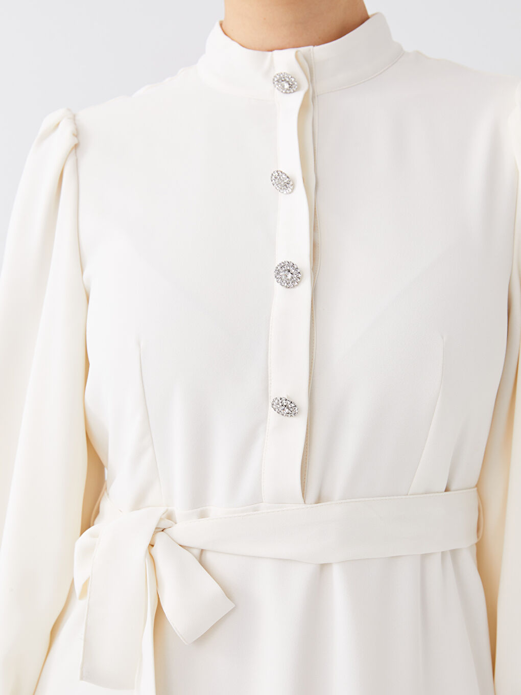 Ekru Dik Yaka Düz Uzun Kollu Kadın Elbise-3