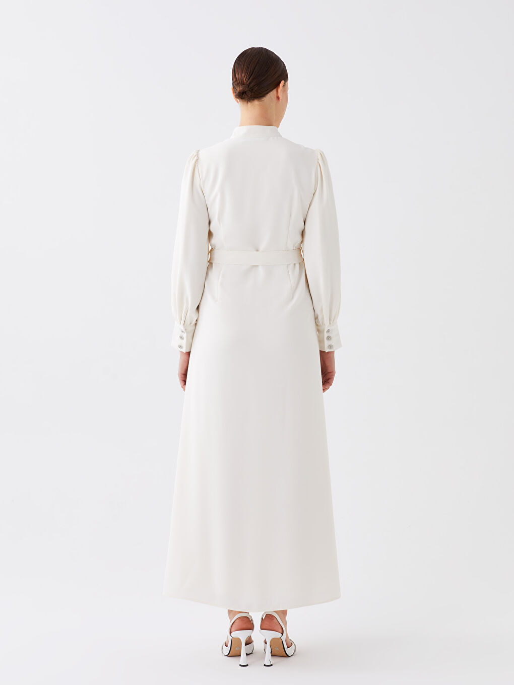 Ekru Dik Yaka Düz Uzun Kollu Kadın Elbise-4