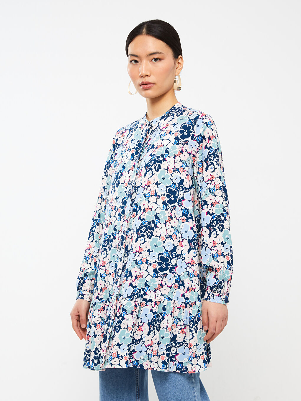 Grandad Collar Floral Long Sleeve Women's Tunic