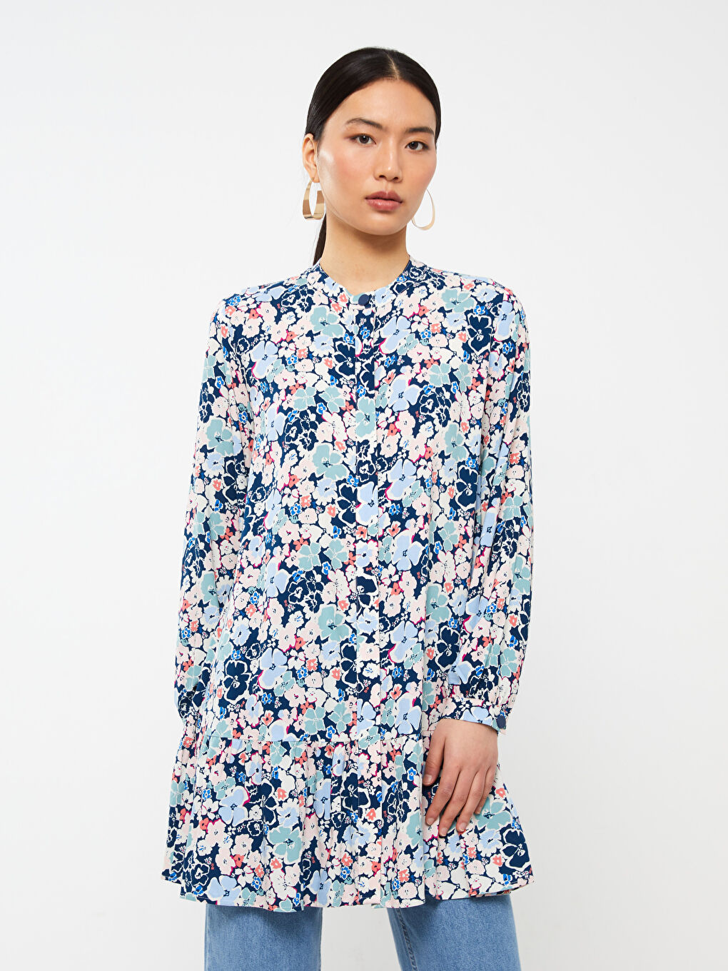 Grandad Collar Floral Long Sleeve Women's Tunic-1