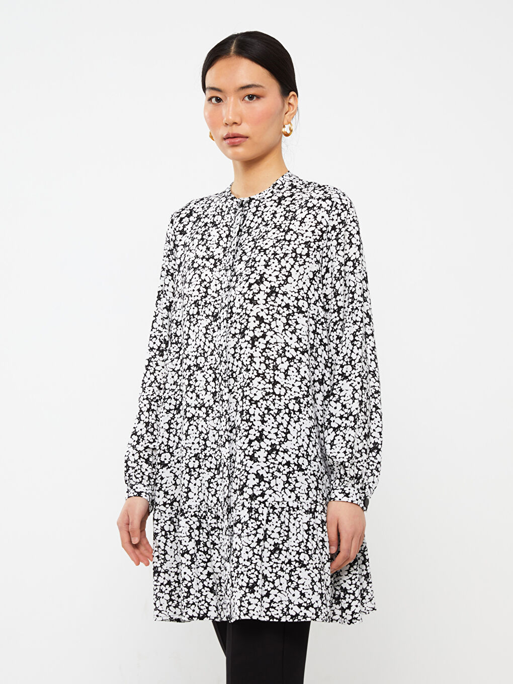 تونيك كم طويل مزهر بياقة مندرين للسيدات-1