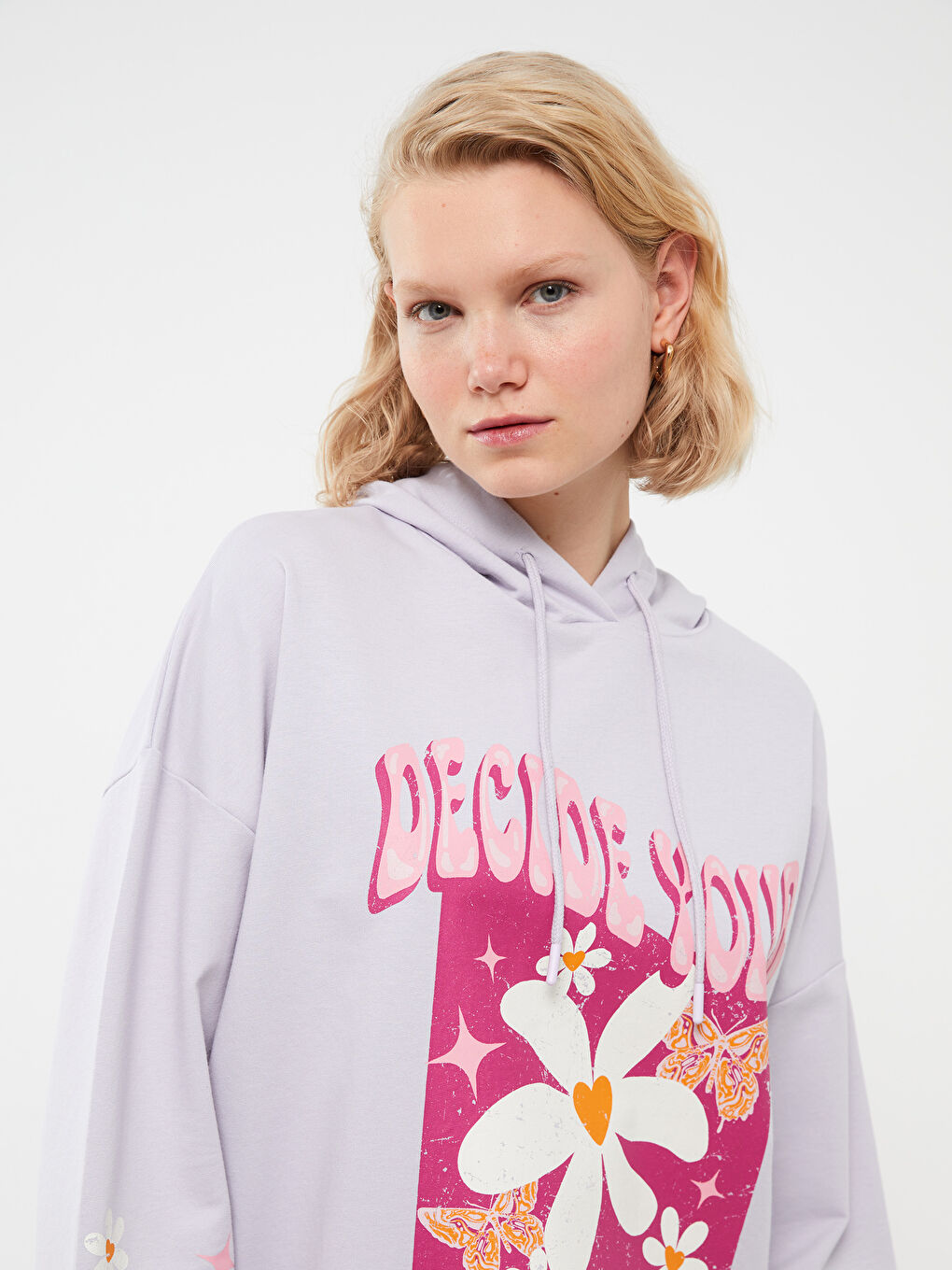 Lila Kapüşonlu Baskılı Uzun Kollu Oversize Kadın Tunik