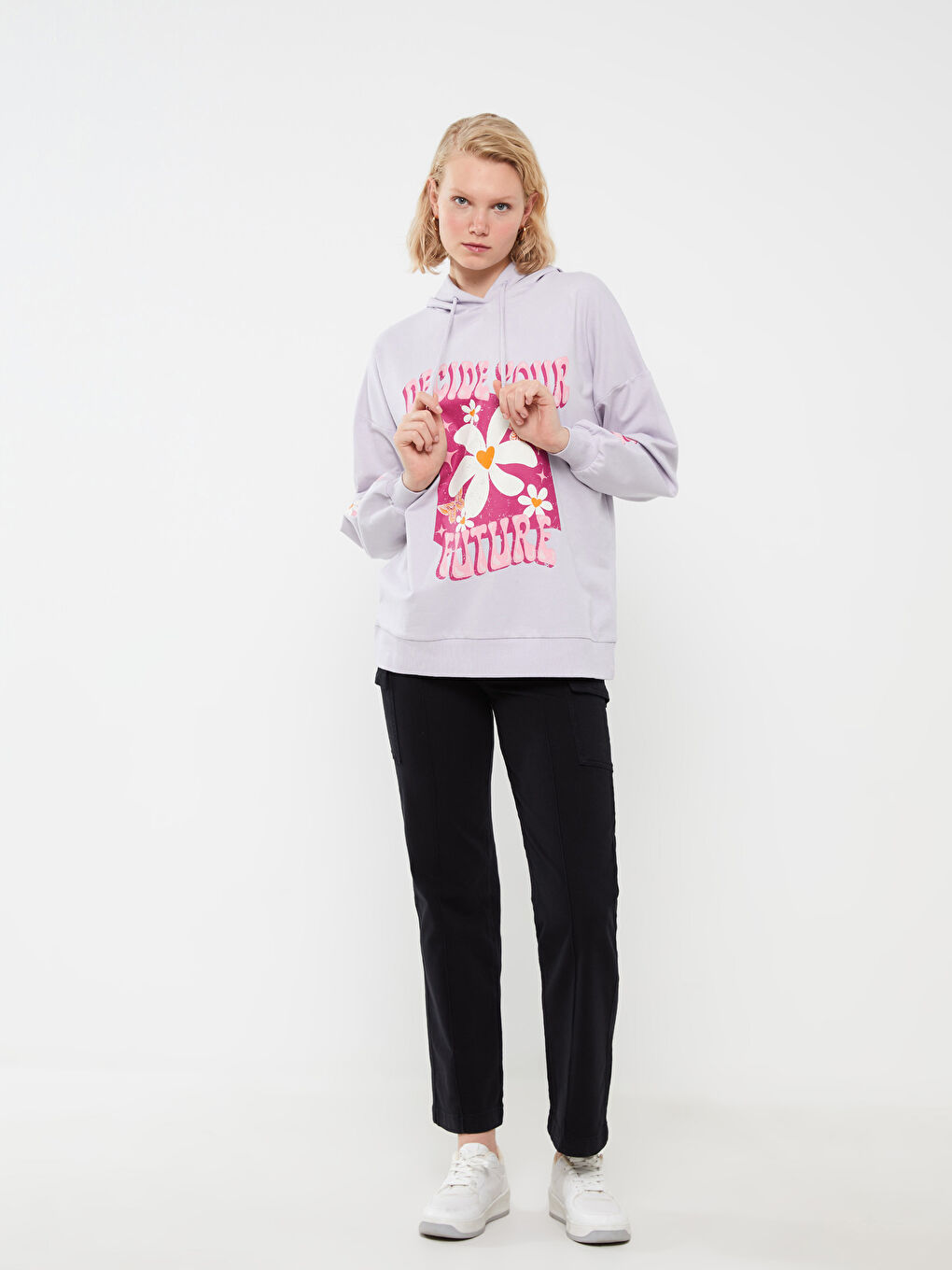 Lila Kapüşonlu Baskılı Uzun Kollu Oversize Kadın Tunik-2