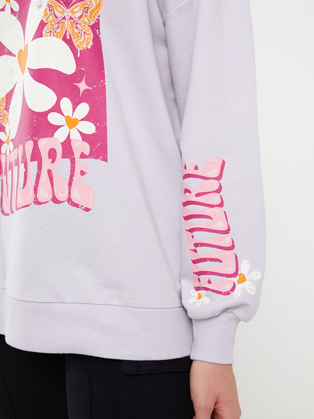 Lila Kapüşonlu Baskılı Uzun Kollu Oversize Kadın Tunik-3