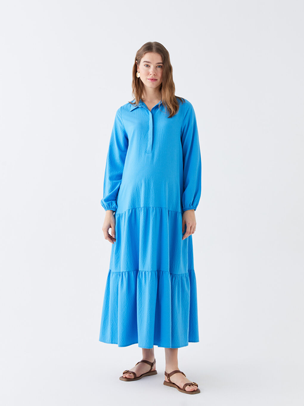 Shirt Collar Striped Long Sleeve Maternity Dress