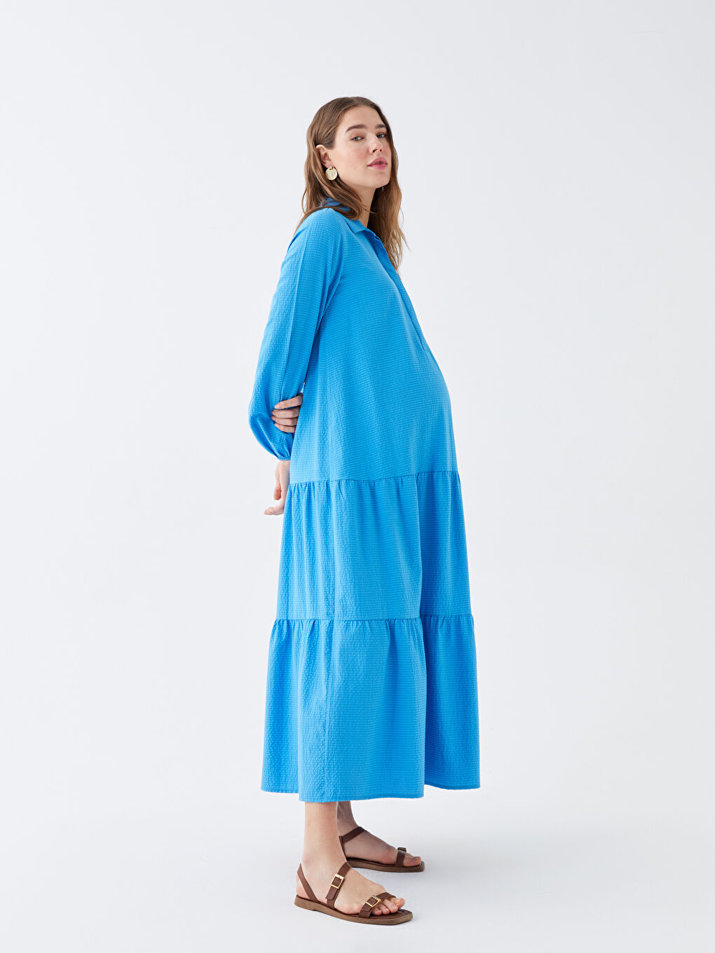 Shirt Collar Striped Long Sleeve Maternity Dress-1