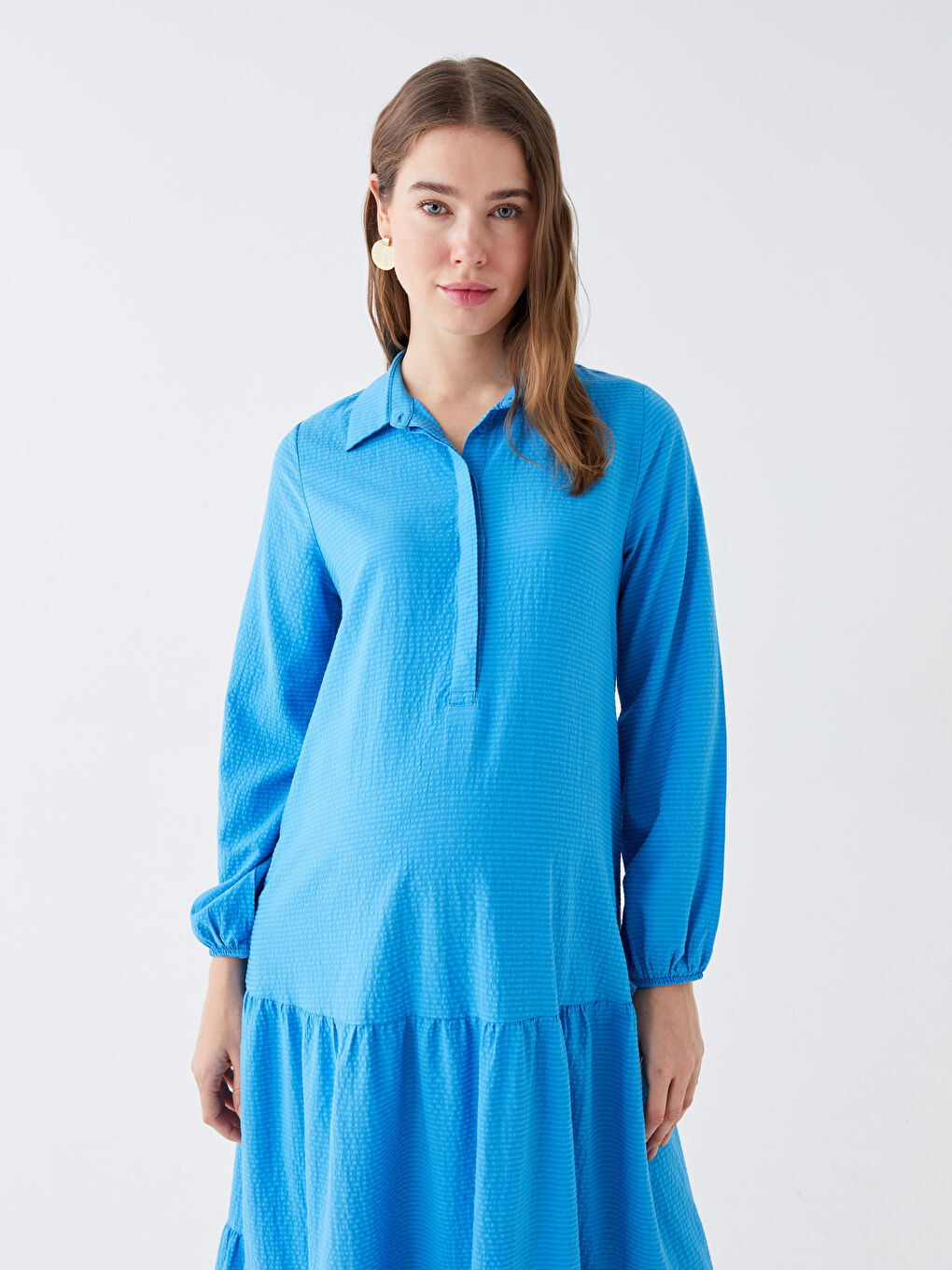 Shirt Collar Striped Long Sleeve Maternity Dress-2