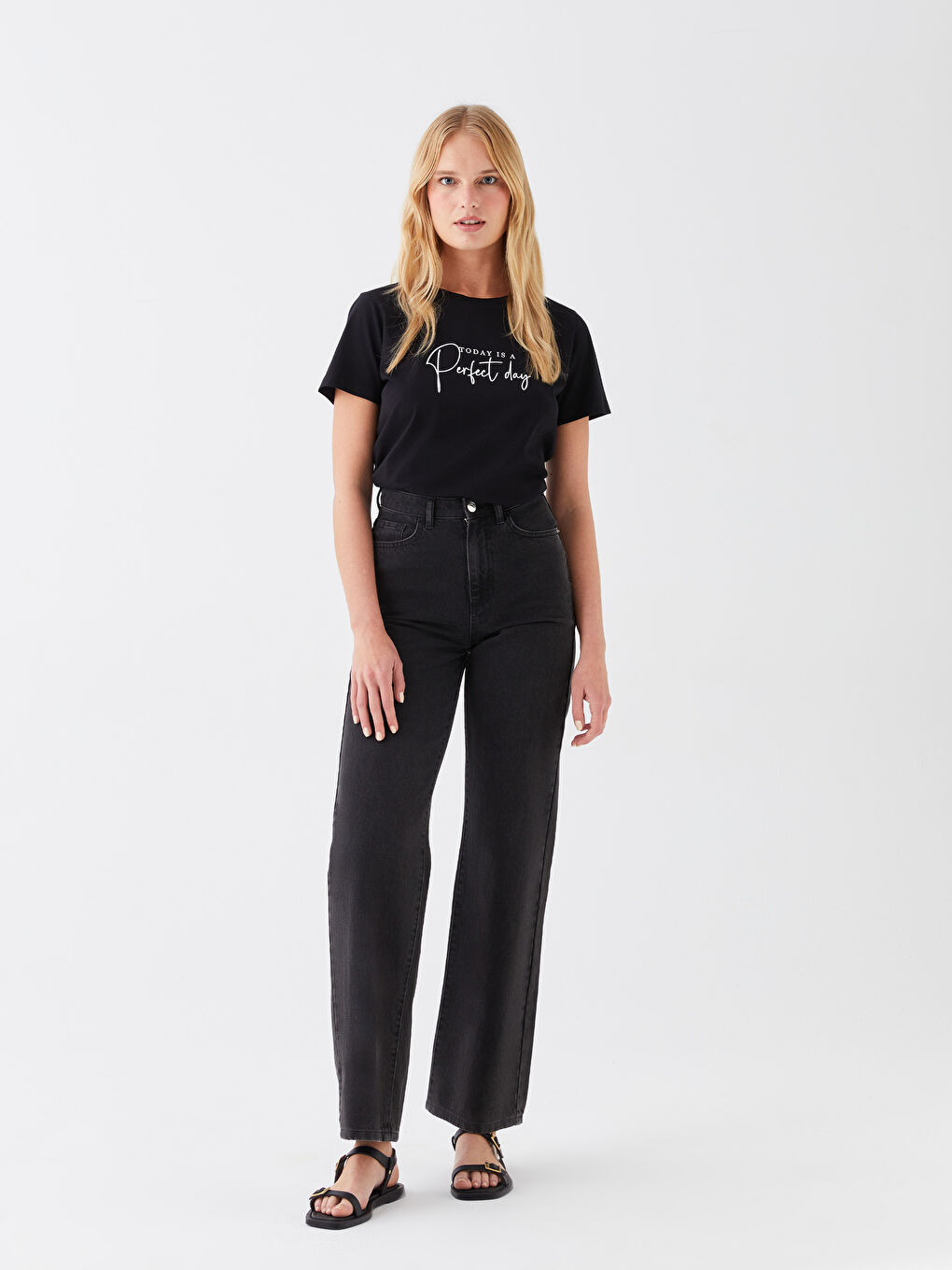 Siyah Bisiklet Yaka Baskılı Kısa Kollu Kadın Tişört-2