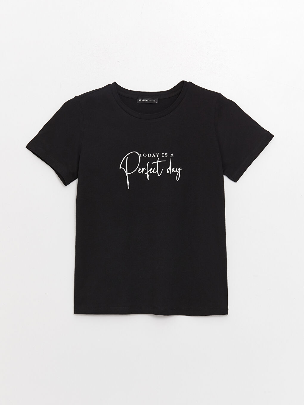 Siyah Bisiklet Yaka Baskılı Kısa Kollu Kadın Tişört-5