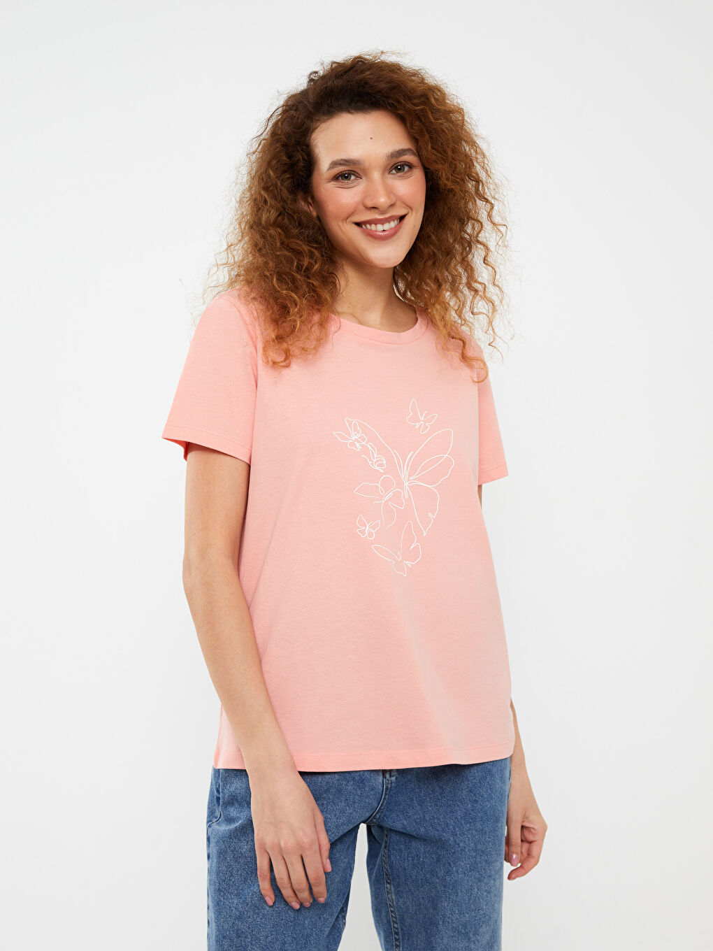 Mercan Bisiklet Yaka Baskılı Kısa Kollu Kadın Tişört