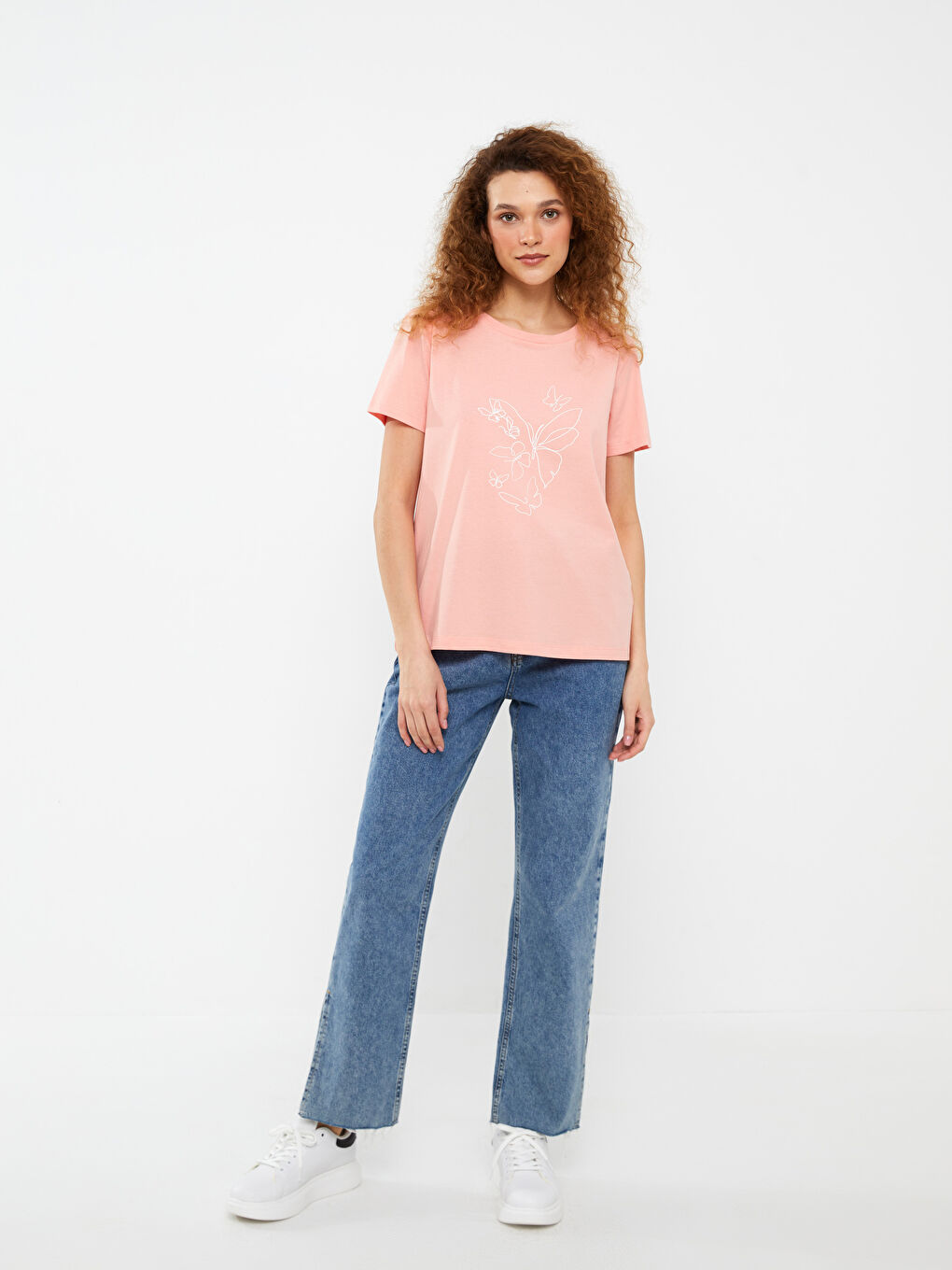 Mercan Bisiklet Yaka Baskılı Kısa Kollu Kadın Tişört-2