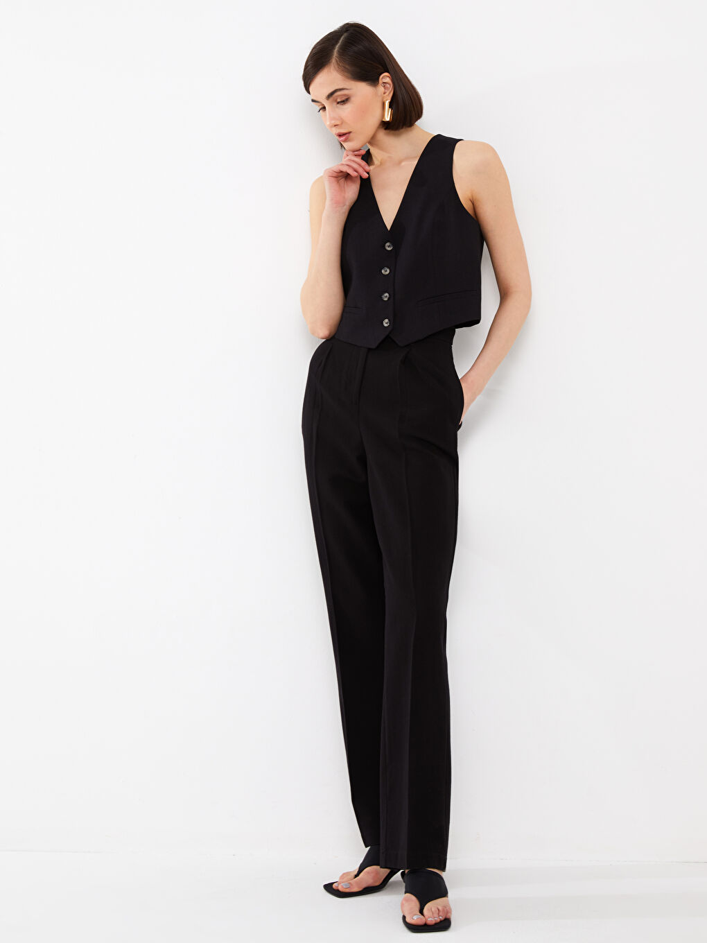 High Waist Comfortable Fit Straight Linen Blend Women's Trousers